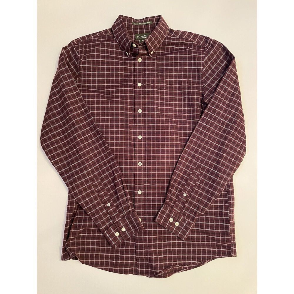 Eddie Bauer Red Plaid Button Up Long Sleeve Cotton Wrinkle Resistant Shirt LT
